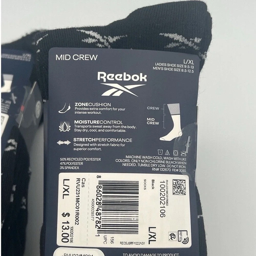Reebok Mid Crew Performance Training Black Logo Socks - Men's Size 8.5 - 12.5